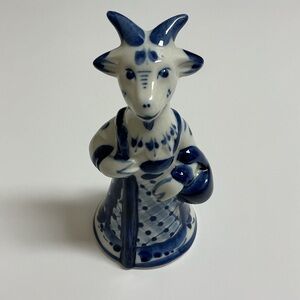 Gzhel Porcelain Russian Ram Figurine 5” Hand Painted Blue White Goat Lady MINT